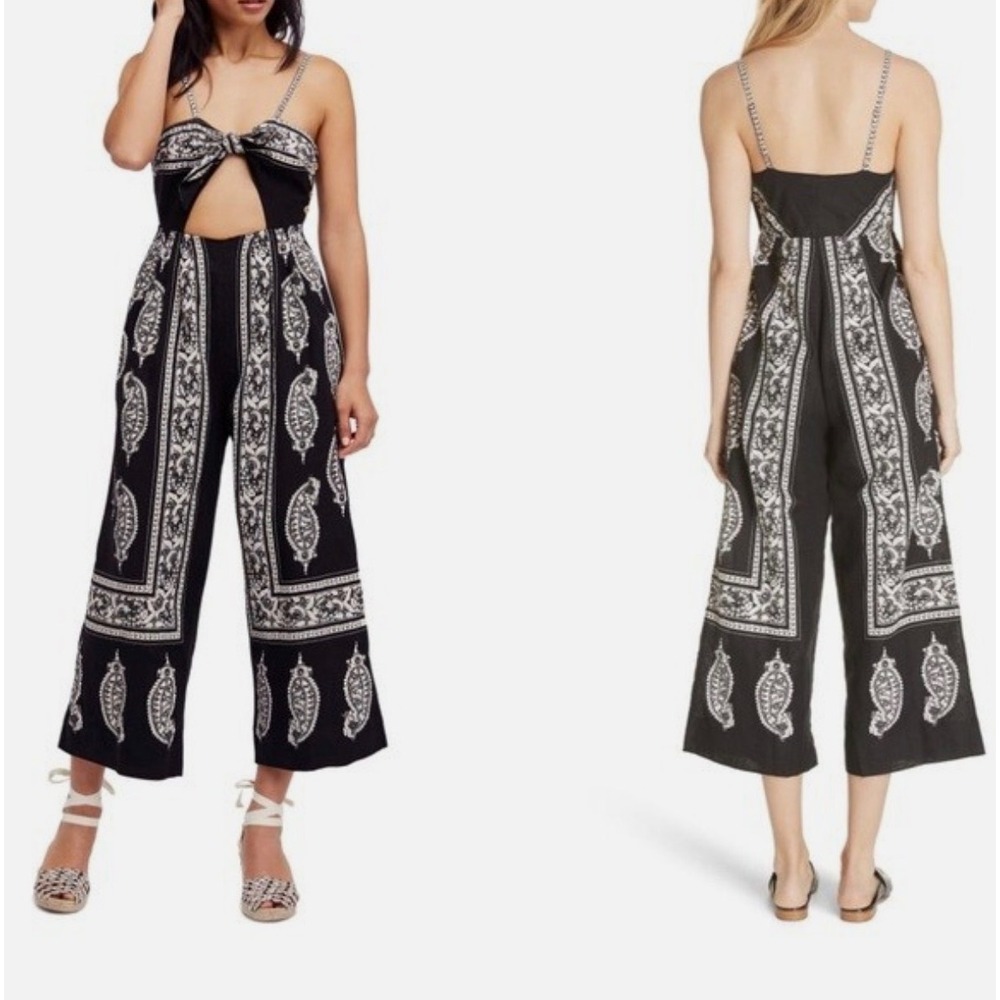 Free People Jumpsuit Linen Cotton Boho Wide Leg Black White Women Size 4 Bandana